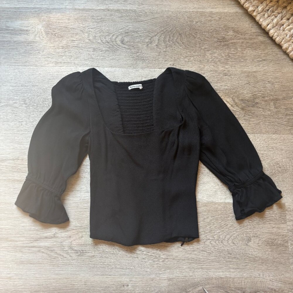 Reformation Black Top Blouse Puff 3/4 Length Sleeve size 2